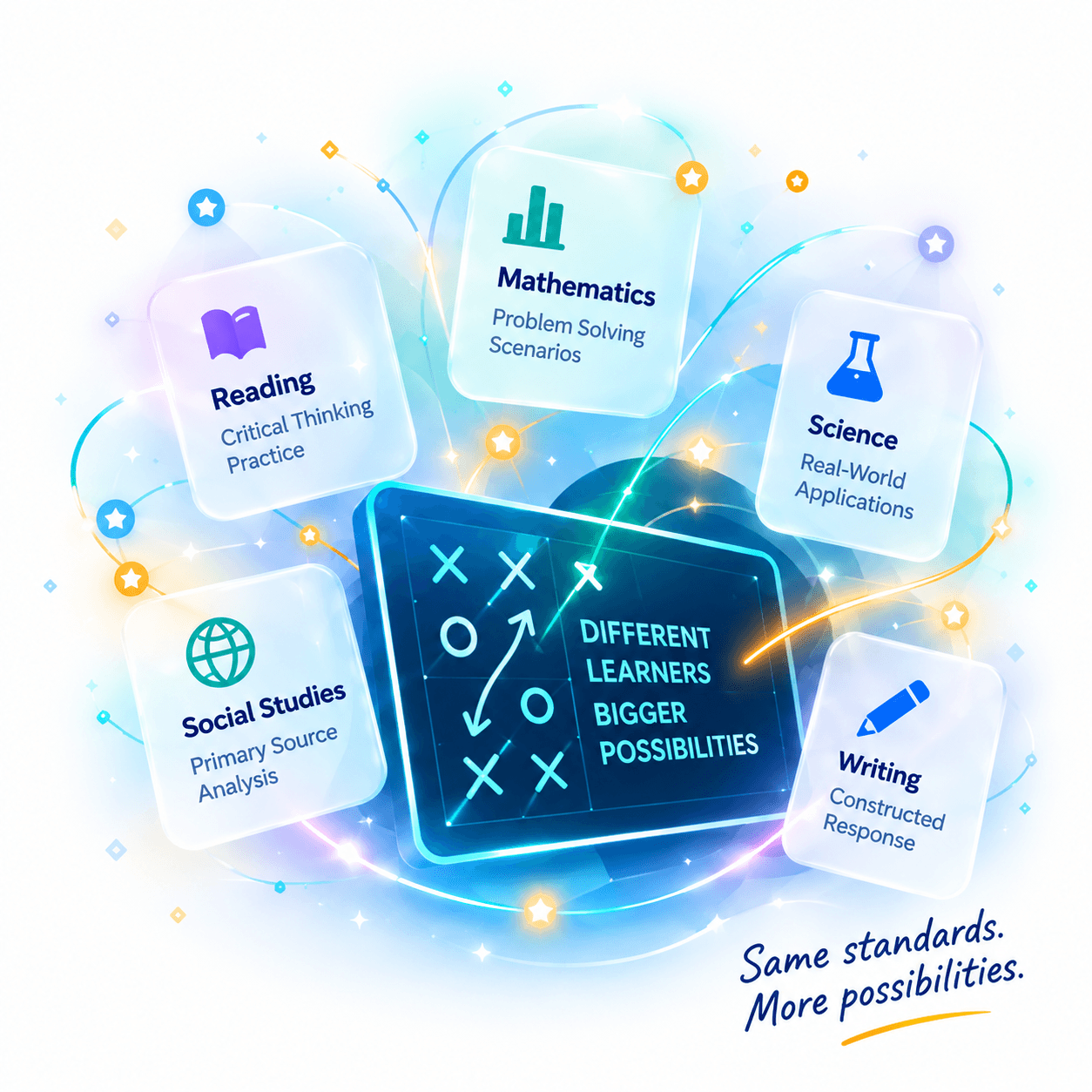 Animated AI lesson cards orbiting a strategy map